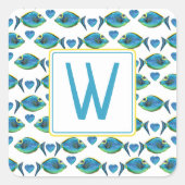 Waterverf Tropisch Blauw Vis en Harten Monogram Vierkante Sticker (Voorkant)