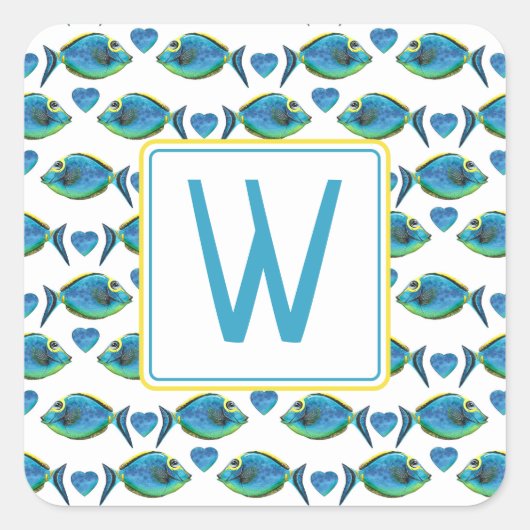 Waterverf Tropisch Blauw Vis en Harten Monogram Vierkante Sticker (Voorkant)