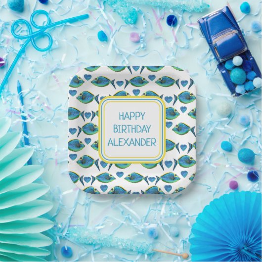 Waterverf Tropisch Blauw Vis en Harten Papieren Bordje (Feest)