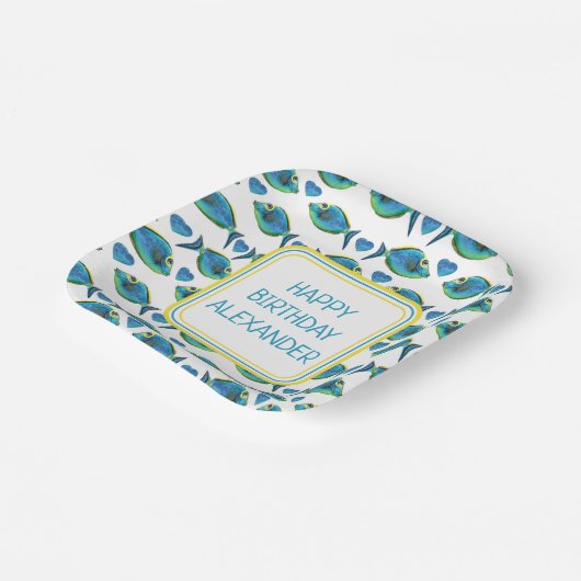 Waterverf Tropisch Blauw Vis en Harten Papieren Bordje (Gebogen)