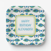 Waterverf Tropisch Blauw Vis en Harten Papieren Bordje (Voorkant)