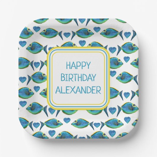 Waterverf Tropisch Blauw Vis en Harten Papieren Bordje (Voorkant)