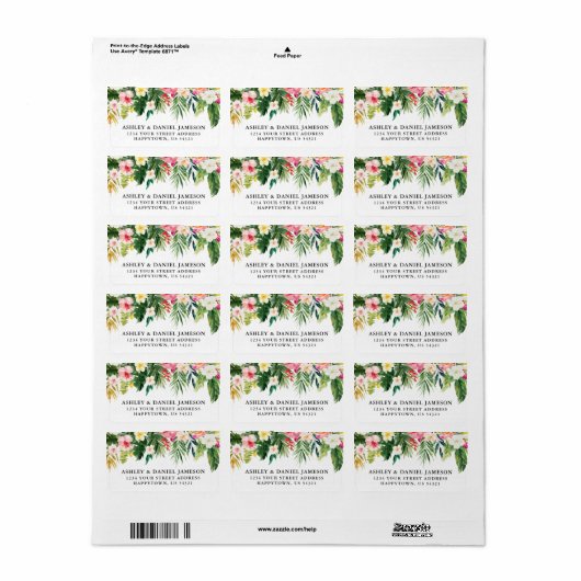 Waterverf Tropisch Bloemen Retouradres Etiket (Full Sheet)