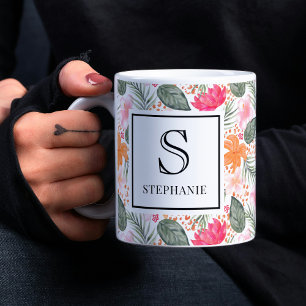 Waterverf Tropisch Bloemmotief Monogram & Naam Koffiemok