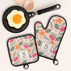 Waterverf Tropisch Bloemmotief Monogram & Naam Ovenwant & Pannenlap Set