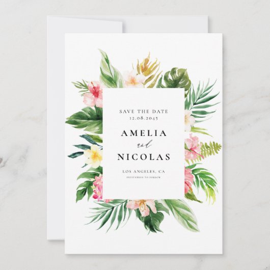 Waterverf Tropisch Bloemstuk Frame Zomer Save The Date (Voorkant)