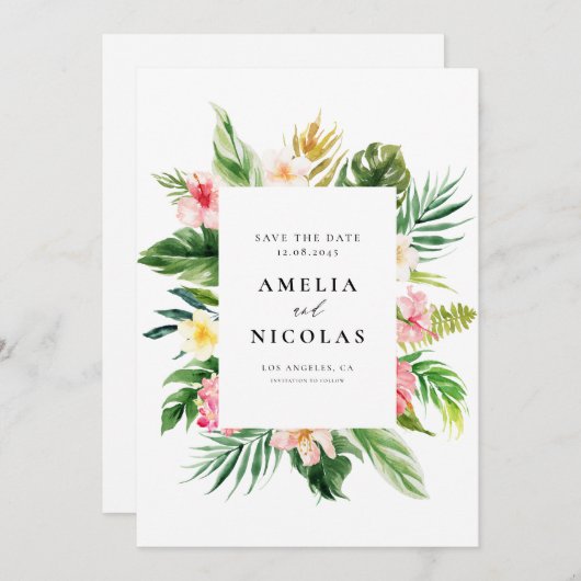 Waterverf Tropisch Bloemstuk Frame Zomer Save The Date (Voorkant / Achterkant)