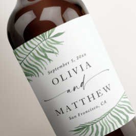 Waterverf tropisch botanisch huwelijk. Palmbladere Wijn Etiket