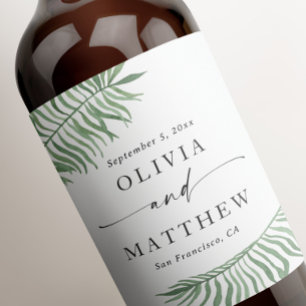 Waterverf tropisch botanisch huwelijk. Palmbladere Wijn Etiket