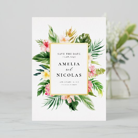 Waterverf Tropisch Botanisch Lijst Save the Date Folie Uitnodiging (Staand Voorkant)