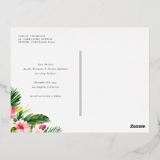 Waterverf Tropisch Botanisch Lijst Save the Date Folie Uitnodiging Briefkaart (Achterkant)