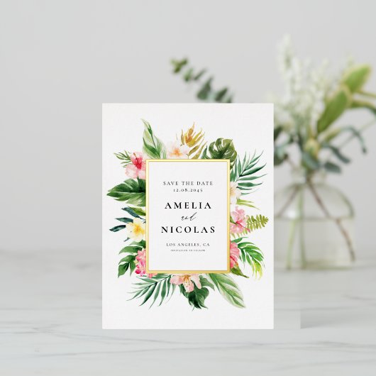 Waterverf Tropisch Botanisch Lijst Save the Date Folie Uitnodiging Briefkaart (Staand Voorkant)