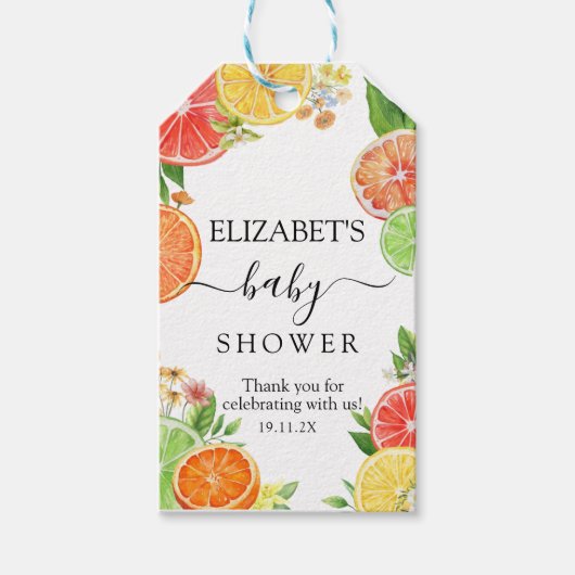 Waterverf Tropisch Citrus Baby shower Cadeaulabel (Voorkant)