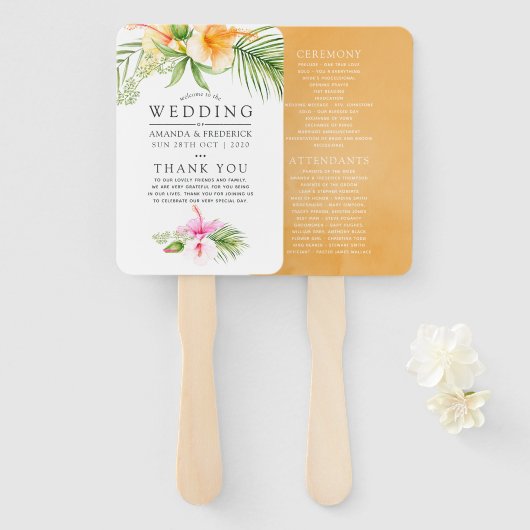 Waterverf Tropisch Floral Beach Wedding Programme Handwaaier (Voorkant en achterkant)