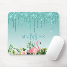 Waterverf Tropisch Floral Blauwgroen Glitter Monog Muismat