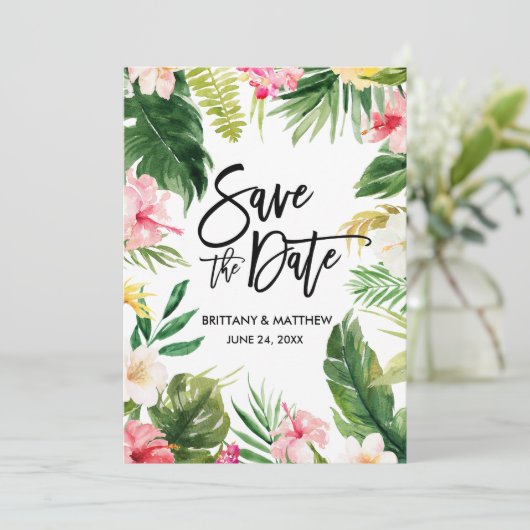 Waterverf Tropisch Floral modern penseelscript Save The Date (Staand voorkant)