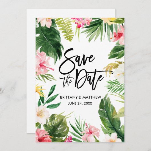 Waterverf Tropisch Floral modern penseelscript Save The Date (Voorkant / Achterkant)