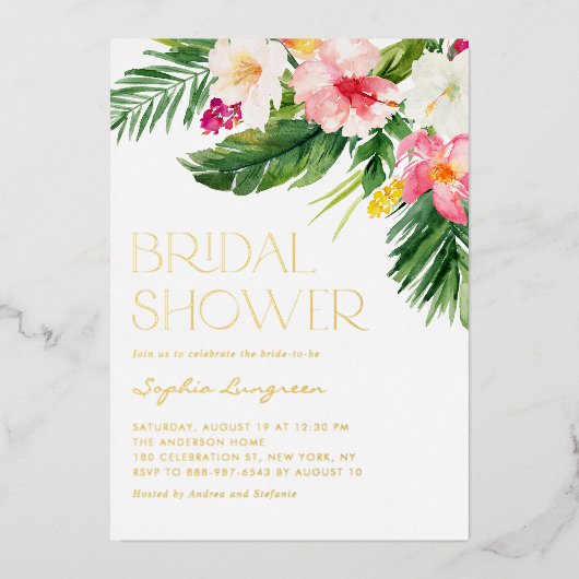 Waterverf Tropisch Flowers Summer Vrijgezellenfees Folie Uitnodiging (Voorkant)