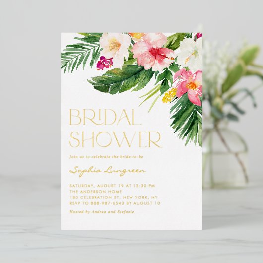 Waterverf Tropisch Flowers Summer Vrijgezellenfees Folie Uitnodiging (Staand Voorkant)