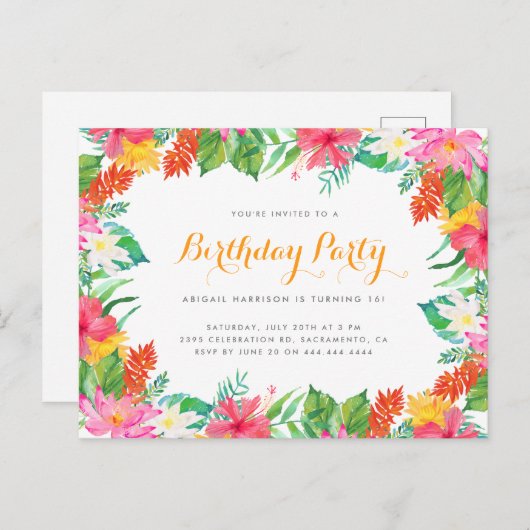 Waterverf Tropisch gebladerte Zomerverjaardagsfees Uitnodiging Briefkaart (Voorkant / Achterkant)