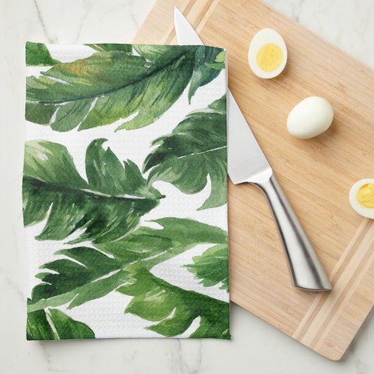 Waterverf Tropisch groen Bladeren Patroon Theedoek (Quarter Fold)