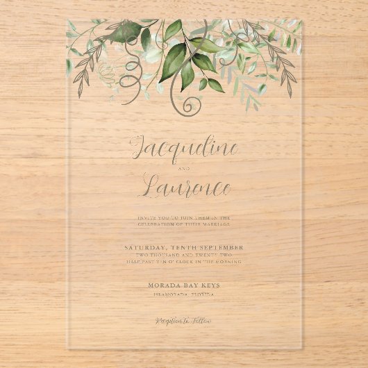 Waterverf Tropisch groen bruiloft Acryl Uitnodigingen (Voorkant)