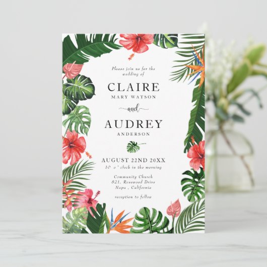 Waterverf Tropisch groen bruiloft uitnodiging (Staand voorkant)