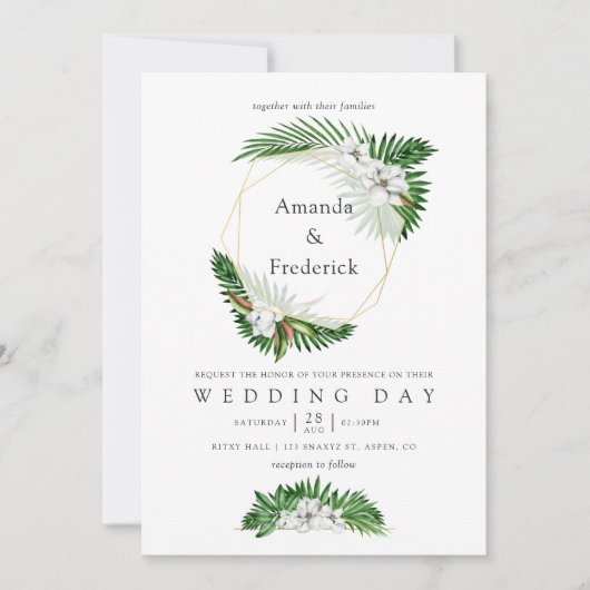 Waterverf Tropisch groen Geometrische bruiloft Kaart (Voorkant)