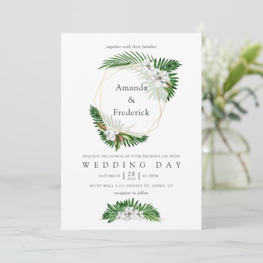 Waterverf Tropisch groen Geometrische bruiloft Kaart (Staand voorkant)