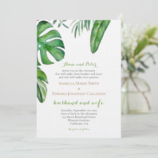 Waterverf Tropisch groen handpalm springt bruiloft Kaart (Staand voorkant)