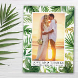 Waterverf tropisch groen liefde Bedankt bruiloft Briefkaart<br><div class="desc">Elegante Waterverf Tropisch groen Palm bladeren bruid en bruidegom liefde en Bedankt bruiloft foto dank u Briefkaart</div>