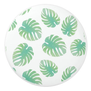 Waterverf Tropisch Groene Monstera Bladeren Keramische Knop