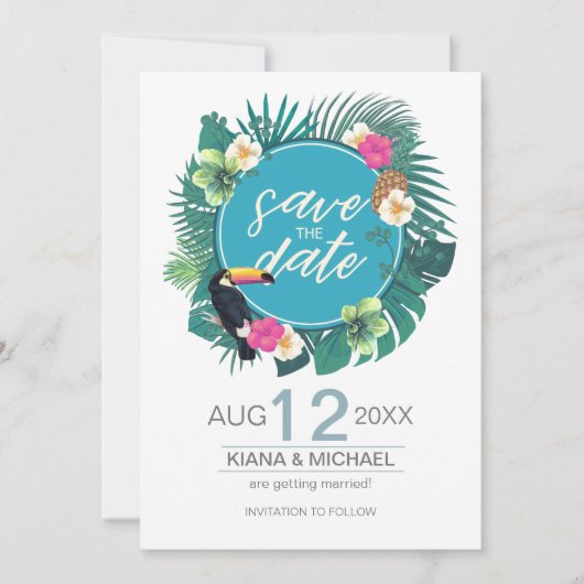Waterverf Tropisch met Toucan Blauwgroen ID577 Save The Date (Voorkant)