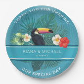 Waterverf Tropisch met Toucan Hartelijk dank Blauw Papieren Bordje (Voorkant)