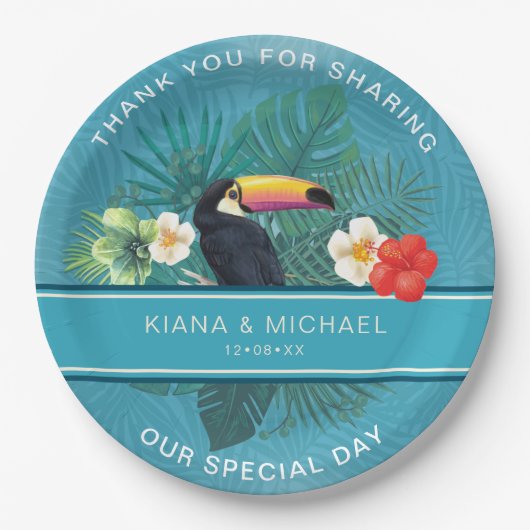 Waterverf Tropisch met Toucan Hartelijk dank Blauw Papieren Bordje (Voorkant)