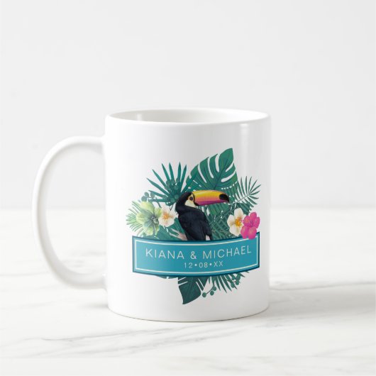 Waterverf Tropisch met Toucan Wedding Blauwgroen I Koffiemok (Links)