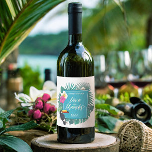 Waterverf Tropisch met Toucan Wedding Blauwgroen I Wijn Etiket