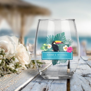 Waterverf Tropisch met Toucan Wedding Blauwgroen I Wijnglas Zonder Voet