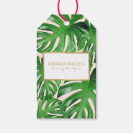 Waterverf Tropisch Monstera laat roze patroonroze Cadeaulabel