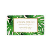 Waterverf Tropisch Monstera laat roze patroonroze Etiket (Voorkant)