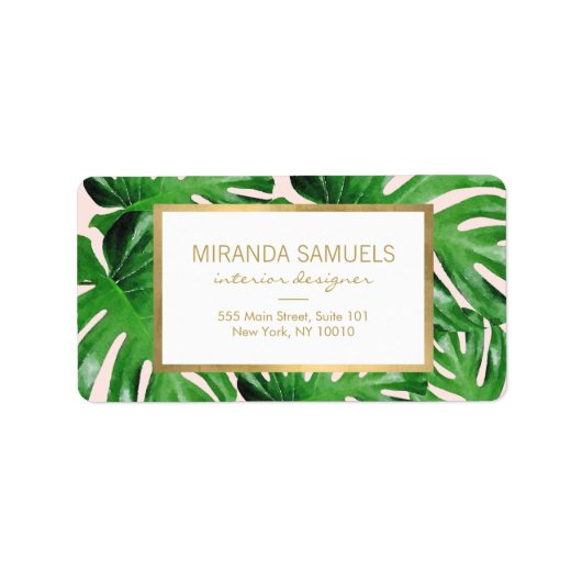 Waterverf Tropisch Monstera laat roze patroonroze Etiket (Voorkant)