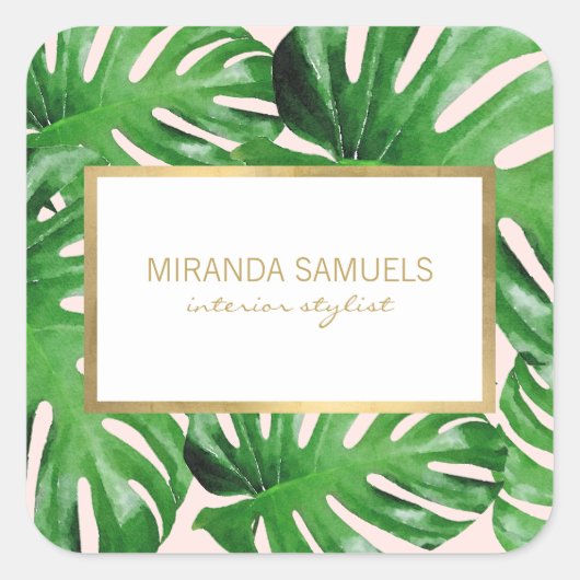 Waterverf Tropisch Monstera laat roze patroonroze Vierkante Sticker (Voorkant)