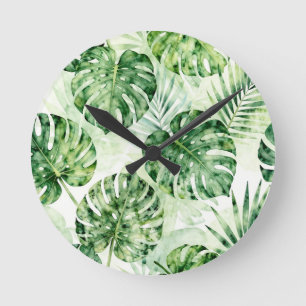 Waterverf Tropisch Monstera Palm Bladeren Patroon Ronde Klok