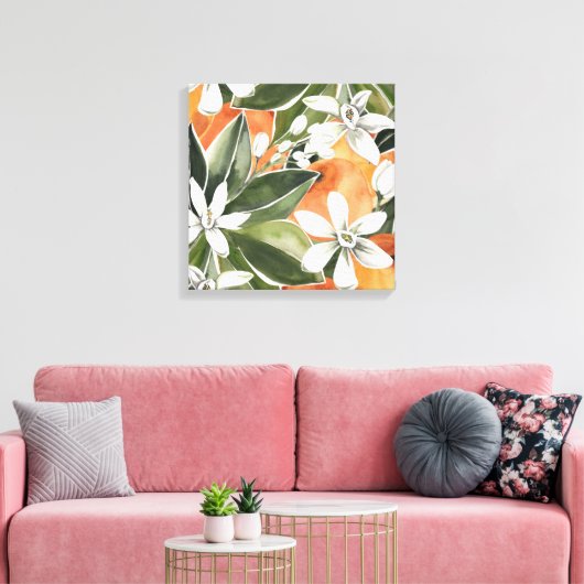Waterverf Tropisch Oranje en bloemen Canvas Afdruk (Insitu (Woonkamer))