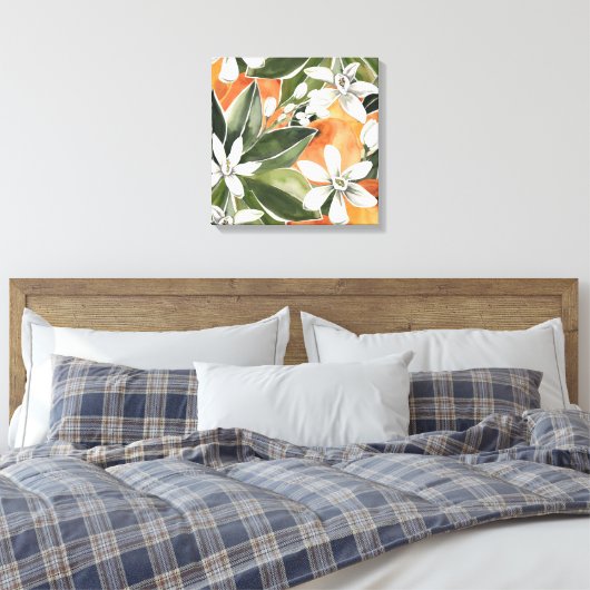 Waterverf Tropisch Oranje en bloemen Canvas Afdruk (Insitu (Slaapkamer))