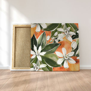 Waterverf Tropisch Oranje en bloemen Canvas Afdruk
