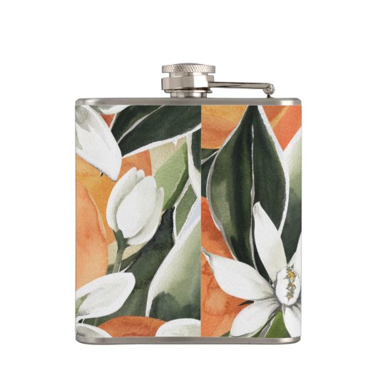 Waterverf Tropisch Oranje en bloemen Heupfles (Achterkant)