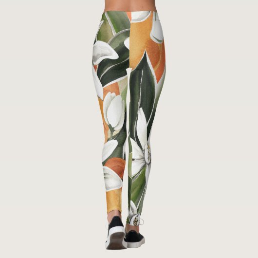 Waterverf Tropisch Oranje en bloemen Leggings (Achterkant)