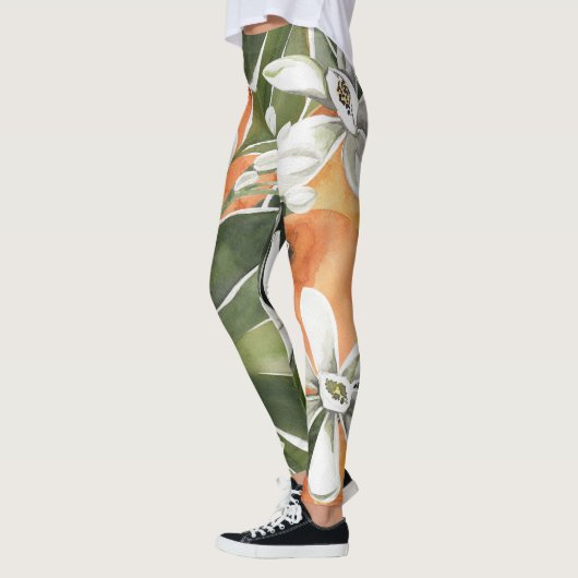 Waterverf Tropisch Oranje en bloemen Leggings (Links)