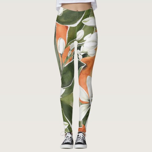 Waterverf Tropisch Oranje en bloemen Leggings (Voorkant)